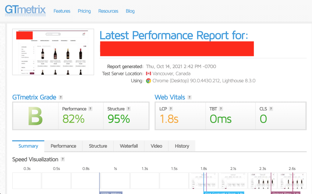 Performance gtmetrix sito ecommerce